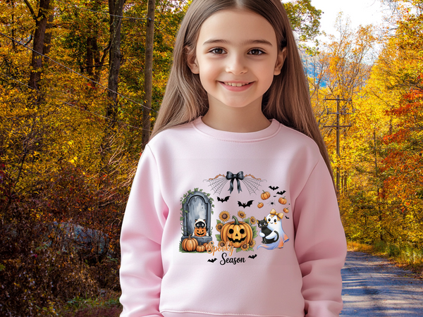 Halloween Black Cat & Ghost Sweatshirt, Halloween Ghost Sweater, Spooky Season Cat Winter Shirt Halloween Cute Girl Outfit Cats Sweatshirts