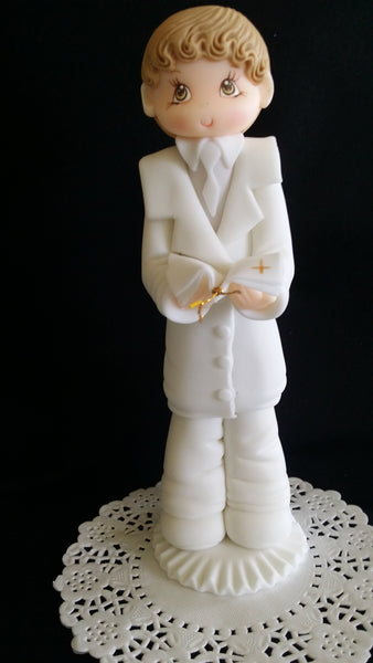 Girl or Boy First Communion Cake Topper Girl with Rosary & Purse Boy with Bibble In White Gowns - C T B