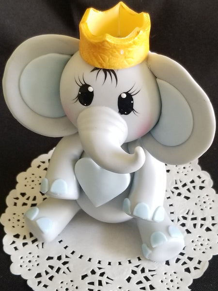 Prince or Princess Elephant Cake Decoration with Gold or Silver Crown a Blue or Pink Heart