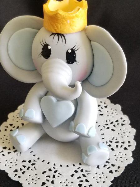 Prince or Princess Elephant Cake Decoration with Gold or Silver Crown a Blue or Pink Heart