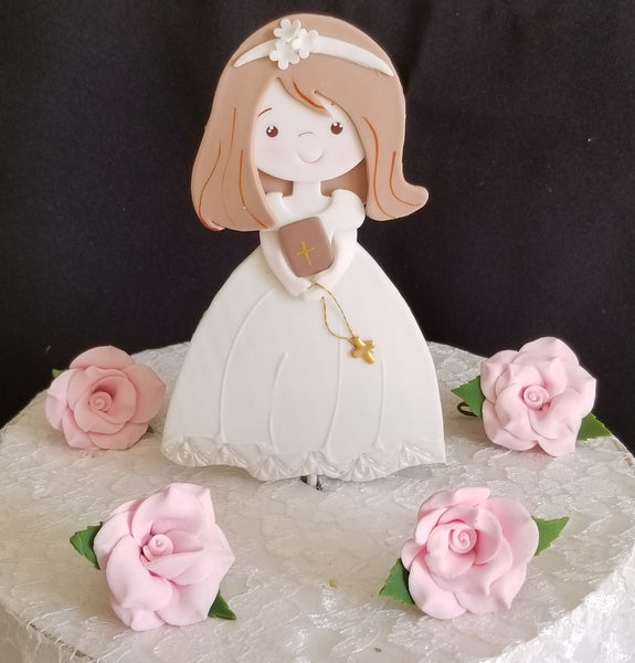 Baptism and Communion Girl on White Gown with Rosary Bible