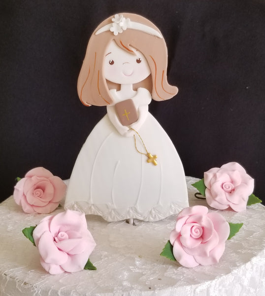 Baptism and Communion Girl on White Gown with Rosary Bible