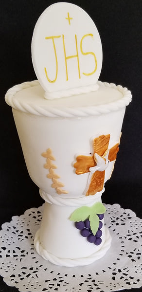 First Communion Chalice Cake Decorations in White and Gold Chalice Keepsake