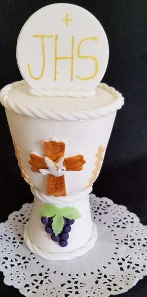 First Communion Chalice Cake Decorations in White and Gold Chalice Keepsake