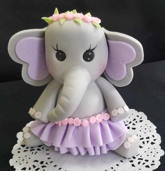 Elephant Cake Topper Elephant Cake Decoration Baby Elephant in Gray with Pink , Lavender, Yellow or Blue Details