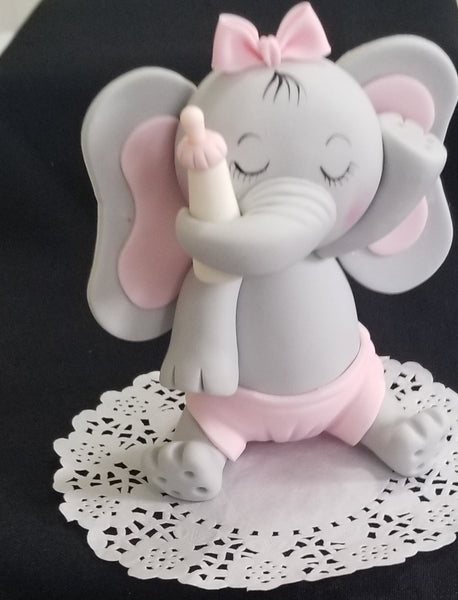 Baby Elephant Cake Topper in Gray with Pink, Yellow or Blue Decoration