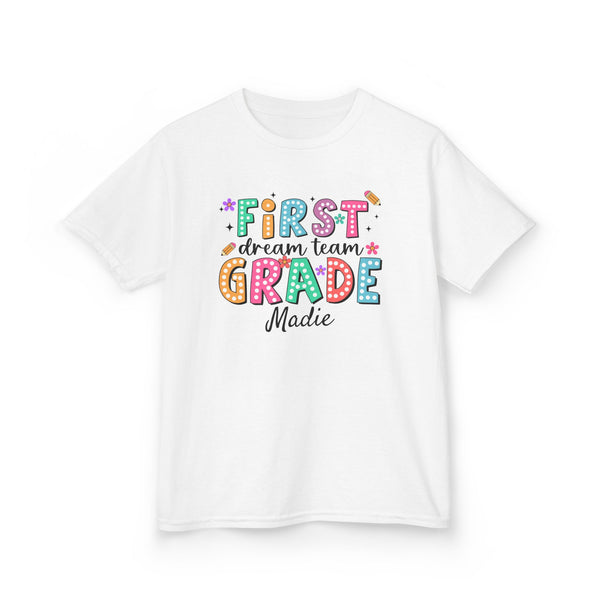 Preppy 1st Grade Girl Shirt, Personalized Back to School Tee, Custom Name First Day Outfit Cute School Shirt Girls 1st Grade Dream Team Tee