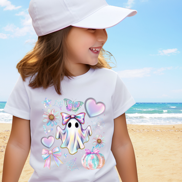 Girls Halloween Shirt, Cute Pumpkin Ghost Coquette Girls Shirt, Cute Iridescent Ghost Shirt Retro Halloween Tee Ghost Bow T-Shirt Girl Gifts