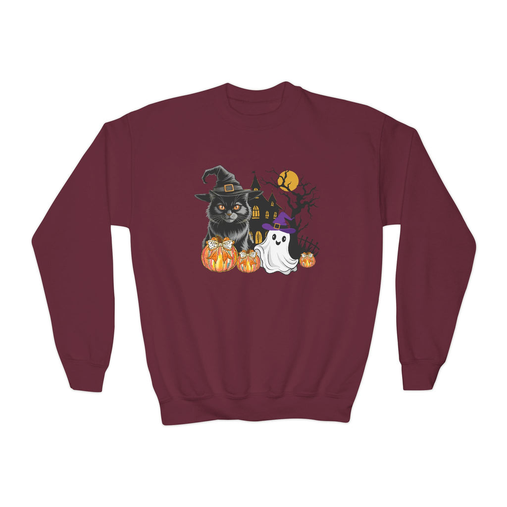 Cat Halloween Sweatshirt, Kids Ghost Cat Shirt Cat Lover Sweatshirt Halloween Sweater Halloween Cat Shirt Black Youth Vintage Cat Sweatshirt