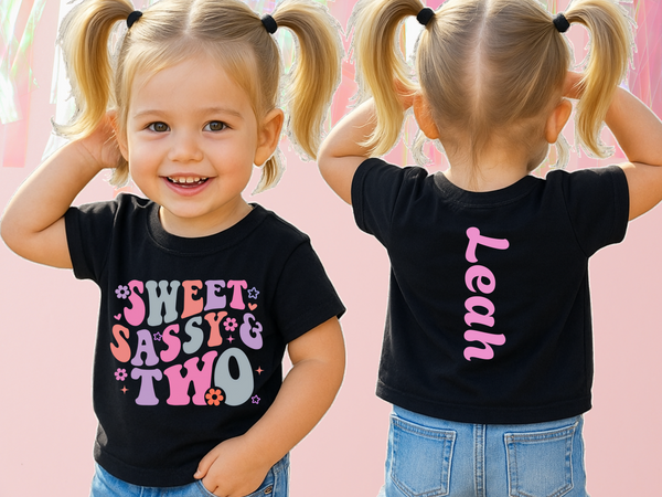2nd Birthday Girl Shirt Custom Name Tshirt Toddler Bday Shirt Girl Second Birthday Tee Sweet Sassy Two Retro Bday Party Outfit 2nd Bday Gift