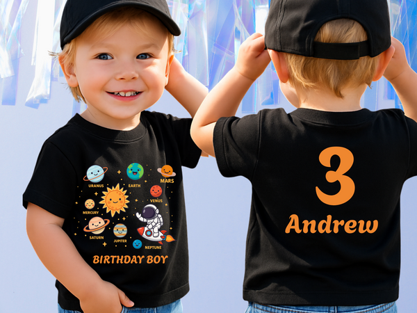 Space 2nd Birthday Solar System Toddler Shirt Cute Planets T Shirt Space Bday Shirt Boy Custom Name Age Shirts Toddler Boy 3rd Birthday Tees