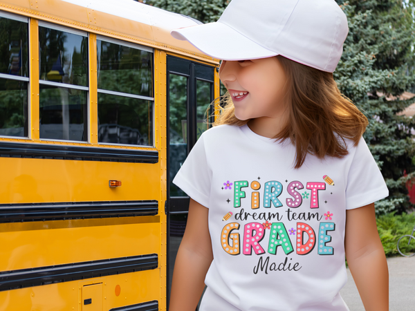 Preppy 1st Grade Girl Shirt, Personalized Back to School Tee, Custom Name First Day Outfit Cute School Shirt Girls 1st Grade Dream Team Tee