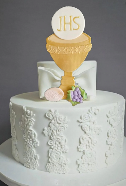 First Communion & Baptism Chalice Cake Decoration Chalice Pick in Gold with Details of Bread, Grapes and JHS symbol