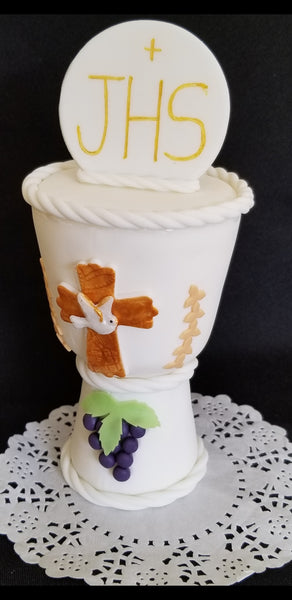First Communion Chalice Cake Decorations in White and Gold Chalice Keepsake