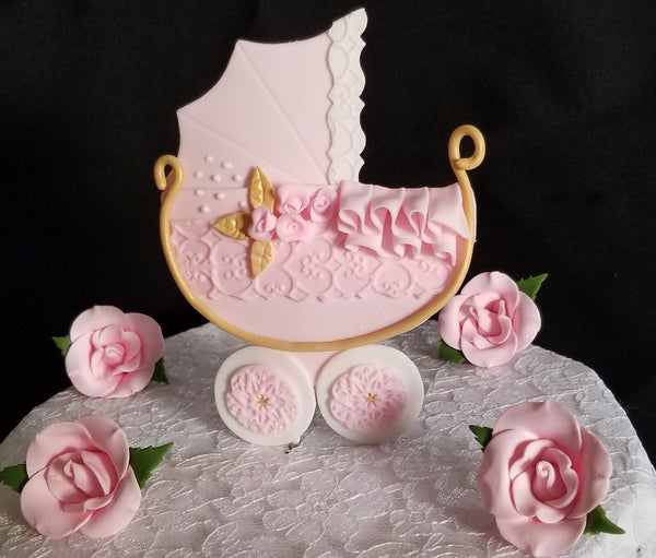 Baby Shower Cake Topper, Baby Carriage Cake Decoration in Pink White and Blue