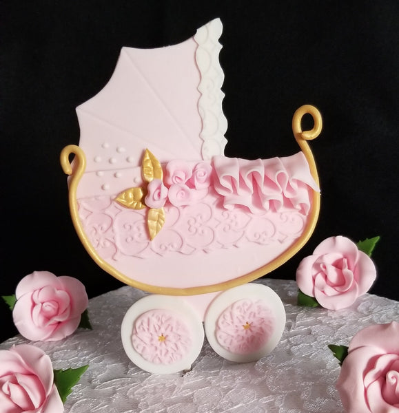 Baby Shower Cake Topper, Baby Carriage Cake Decoration in Pink White and Blue