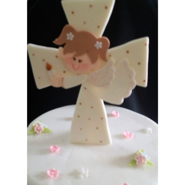 Angel On Cross Cake Topper White Cross Cake Decorations Girl or Boy Baptism Cake Topper - Cake Toppers Boutique