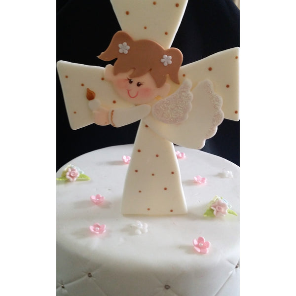 Angel On Cross Cake Topper White Cross Cake Decorations Girl or Boy Baptism Cake Topper - Cake Toppers Boutique