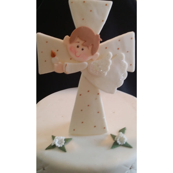 Angel On Cross Cake Topper White Cross Cake Decorations Girl or Boy Baptism Cake Topper - Cake Toppers Boutique