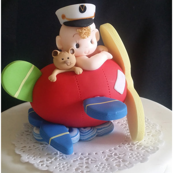 Baby on Airplane Cake Topper Plane Cake Topper Airplane Cake Decoration Airplane in Blue or Red - Cake Toppers Boutique