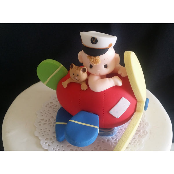 Baby on Airplane Cake Topper Plane Cake Topper Airplane Cake Decoration Airplane in Blue or Red - Cake Toppers Boutique