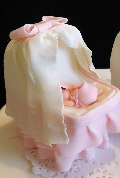 Baby Shower Cake Topper Baby on Bassinet Cake Decoration Baby in White Pink or Blue Crib - C T B