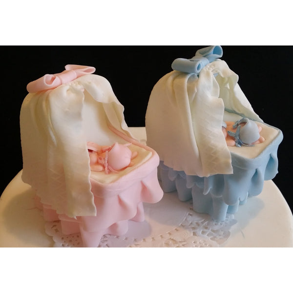 Baby Shower Cake Topper Baby on Bassinet Cake Decoration Baby in White Pink or Blue Crib - Cake Toppers Boutique