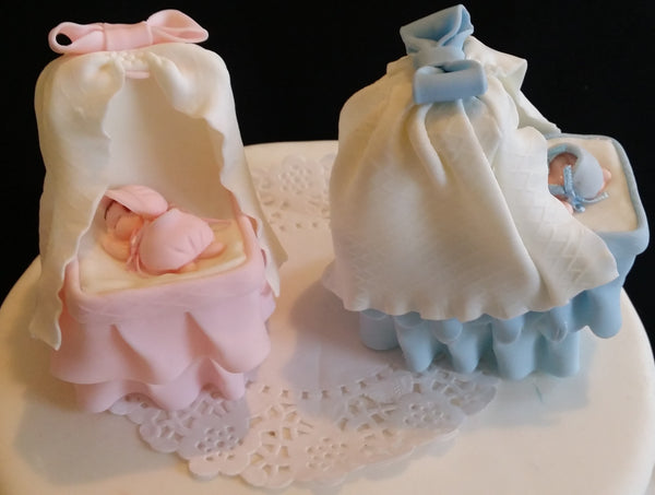 Baby on Bassinet Cake Topper in Pink, White or Blue Baby Shower Centerpiece Decorations - Cake Toppers Boutique