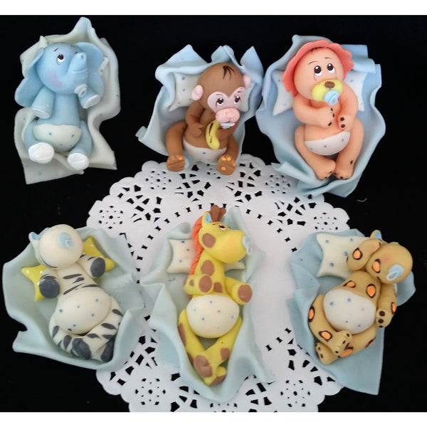 Safari Cake Topper Jungle Baby Animals Cake Decorations with Pink or Blue Blanket & Pacifiers 6pcs - Cake Toppers Boutique