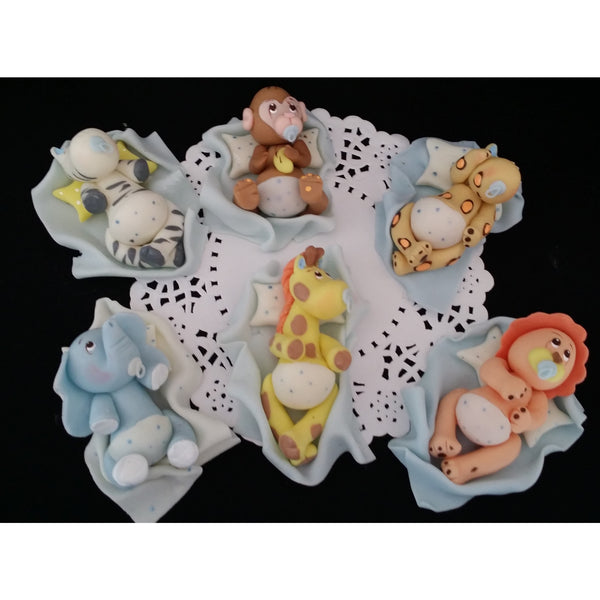 Safari Cake Topper Jungle Baby Animals Cake Decorations with Pink or Blue Blanket & Pacifiers 6pcs - Cake Toppers Boutique