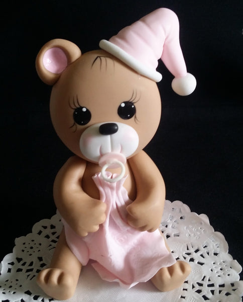 Teddy Bear Cake Topper in Pink or Blue Bear For Cake Decorations Baby Bear with Blanket & Hat - Cake Toppers Boutique