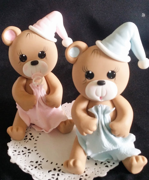 Teddy Bear Cake Topper in Pink or Blue Bear For Cake Decorations Baby Bear with Blanket & Hat - Cake Toppers Boutique