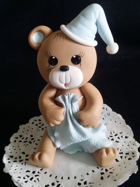 Teddy Bear Cake Topper in Pink or Blue Bear For Cake Decorations Baby Bear with Blanket & Hat - Cake Toppers Boutique