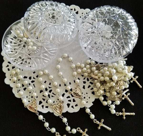 12 Silver Rosaries, Baptism Rosaries Favors, White Pearl Rosaries Favors - Cake Toppers Boutique