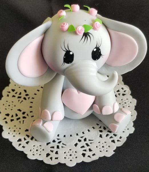 Elephant Cake Topper Baby Shower Elephant in Gray and Pink With Crown - Cake Toppers Boutique