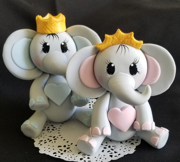 Elephant Cake Topper Elephant in Gray with Pink or Blue and Gold Crown - Cake Toppers Boutique