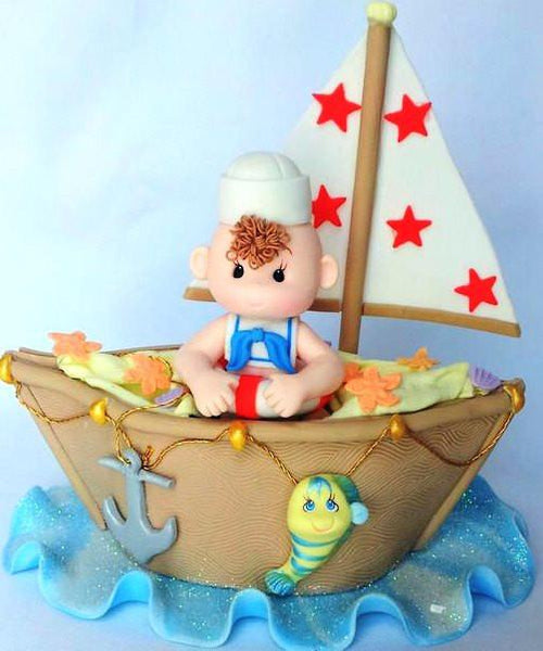 Nautical Cake Decoration Nautical Cake Topper Sailor On Boat Blue, Brown or Pink - Cake Toppers Boutique