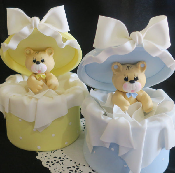 Baby Bear Shower Cake Topper Bear in a Surprise Box Pink, Yellow or Blue Cake Decorations - Cake Toppers Boutique