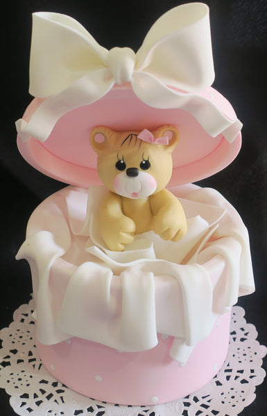 Baby Bear Shower Cake Topper Bear in a Surprise Box Pink, Yellow or Blue Cake Decorations - Cake Toppers Boutique