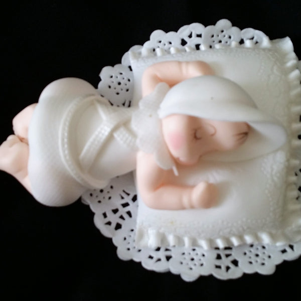 Baptism Cake Toppers Baby in White Gown Slepping over a Pillow Baptism Keepsake - Cake Toppers Boutique