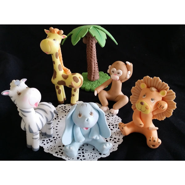 Jungle Cake Topper Safari Baby Zoo Animals Elephant Lion Giraffe Zebra Monkey Palm 6pcs - Cake Toppers Boutique