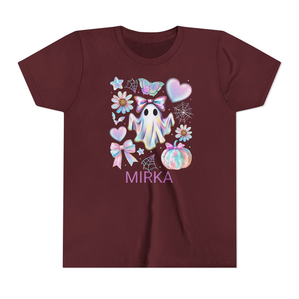 Girls Halloween Shirt, Cute Pumpkin Ghost Coquette Girls Shirt, Cute Iridescent Ghost Shirt Retro Halloween Tee Ghost Bow T-Shirt Girl Gifts