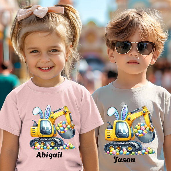 Boys Easter Kids Shirt, Custom Name Easter Boys T Shirt, Eggs Cavator Boy Toddler Shirt Funny Easter Tee Personalized Construction Truck Tee