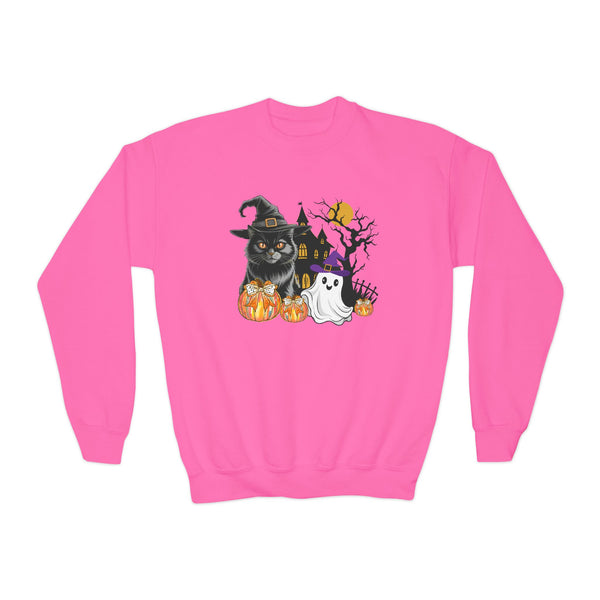 Cat Halloween Sweatshirt, Kids Ghost Cat Shirt Cat Lover Sweatshirt Halloween Sweater Halloween Cat Shirt Black Youth Vintage Cat Sweatshirt
