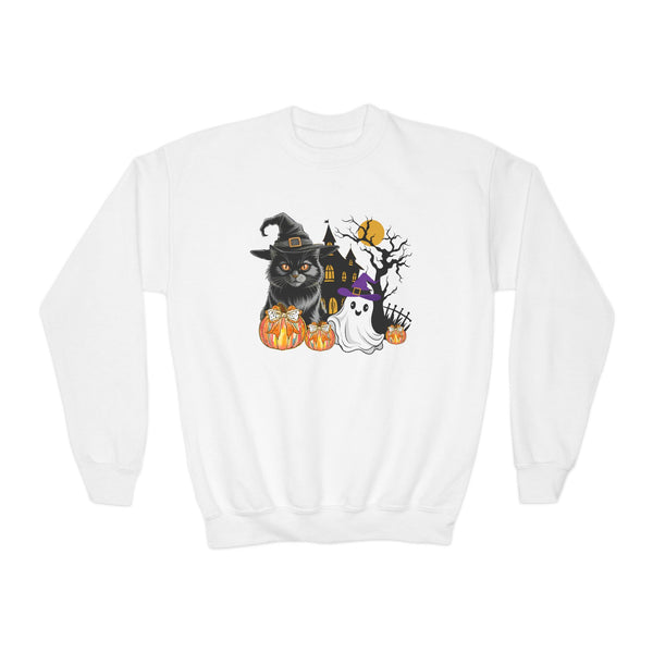 Cat Halloween Sweatshirt, Kids Ghost Cat Shirt Cat Lover Sweatshirt Halloween Sweater Halloween Cat Shirt Black Youth Vintage Cat Sweatshirt