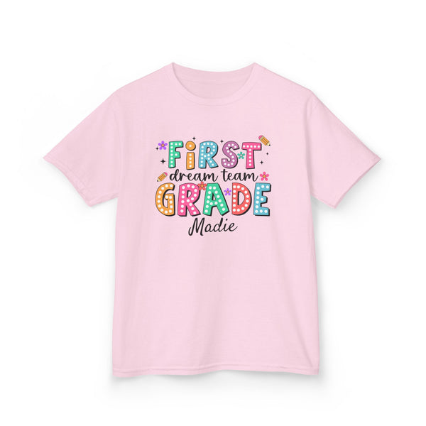 Preppy 1st Grade Girl Shirt, Personalized Back to School Tee, Custom Name First Day Outfit Cute School Shirt Girls 1st Grade Dream Team Tee