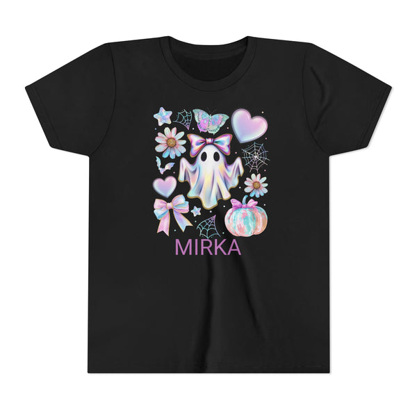 Girls Halloween Shirt, Cute Pumpkin Ghost Coquette Girls Shirt, Cute Iridescent Ghost Shirt Retro Halloween Tee Ghost Bow T-Shirt Girl Gifts