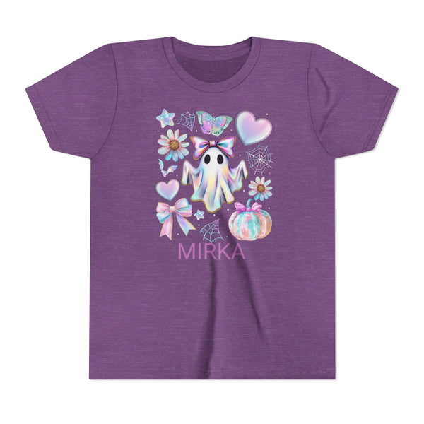 Girls Halloween Shirt, Cute Pumpkin Ghost Coquette Girls Shirt, Cute Iridescent Ghost Shirt Retro Halloween Tee Ghost Bow T-Shirt Girl Gifts