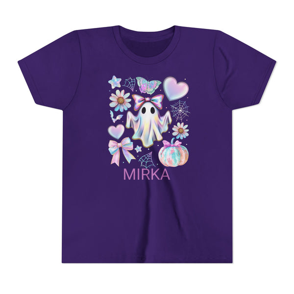 Girls Halloween Shirt, Cute Pumpkin Ghost Coquette Girls Shirt, Cute Iridescent Ghost Shirt Retro Halloween Tee Ghost Bow T-Shirt Girl Gifts