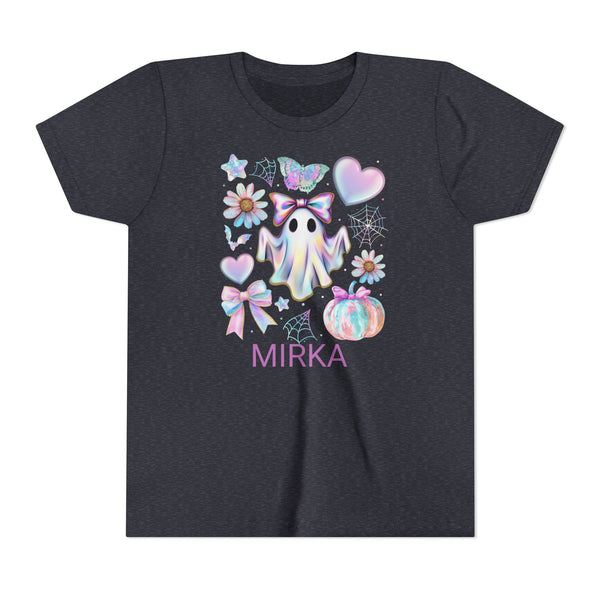 Girls Halloween Shirt, Cute Pumpkin Ghost Coquette Girls Shirt, Cute Iridescent Ghost Shirt Retro Halloween Tee Ghost Bow T-Shirt Girl Gifts